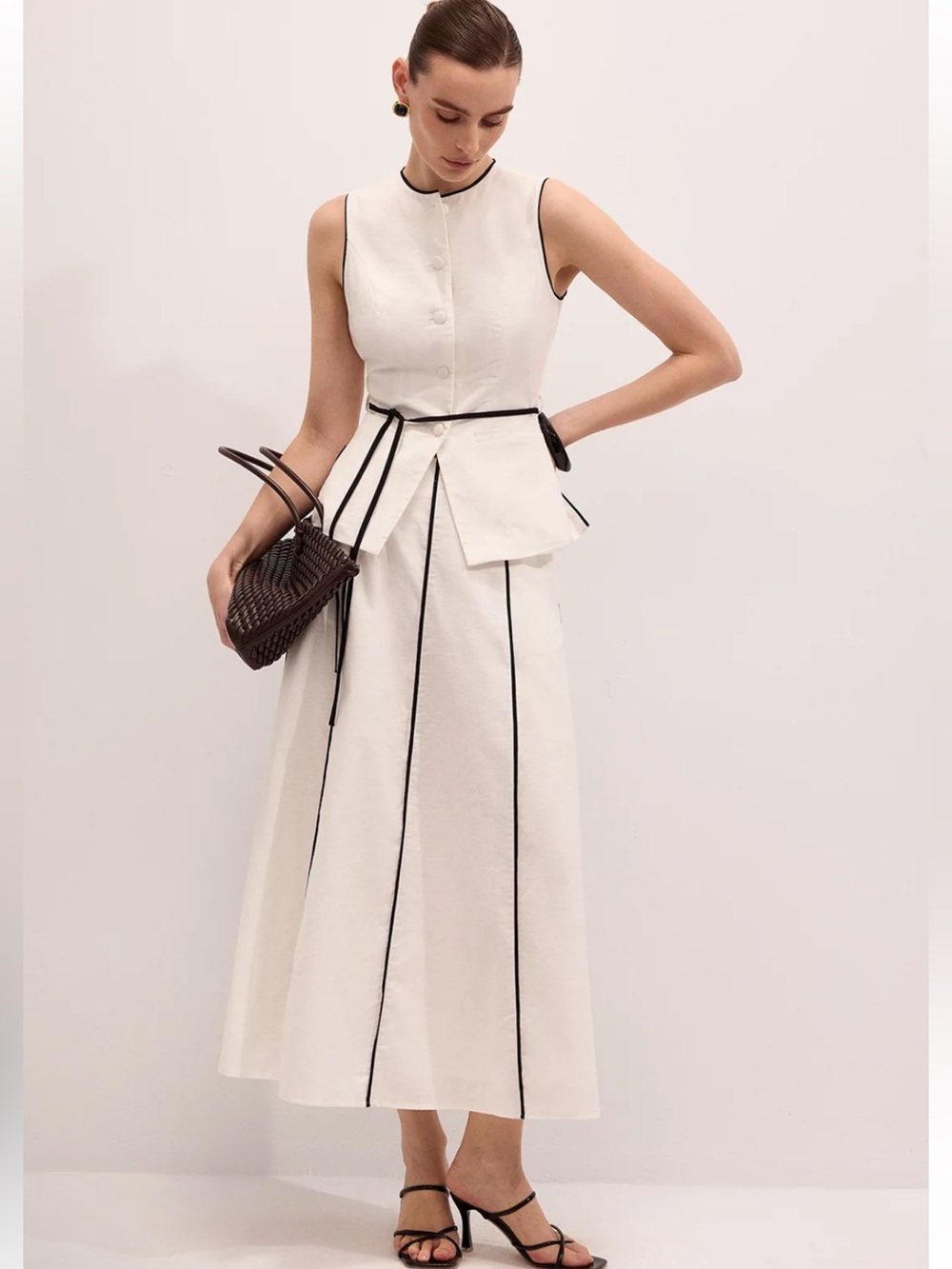 Sleeveless White Maxi Skirt with Black Piping